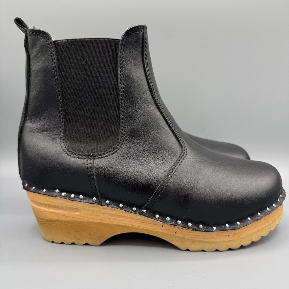 Troentorp Rockwell Shearling Black Leather Slip On Clog Boots 37/7-7.5